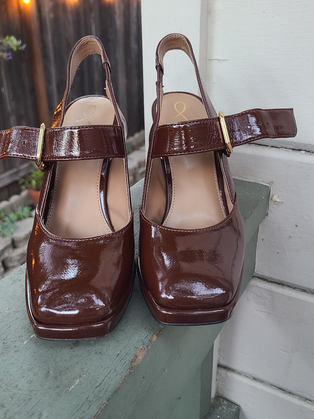 Sam Edelman Brown Patent Square-Toe Mary Jane Slingback Heels